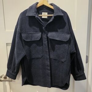 Zara Women's Plaid Flannel Wool Blend Long Overshirt Shacket Medium Blue Black